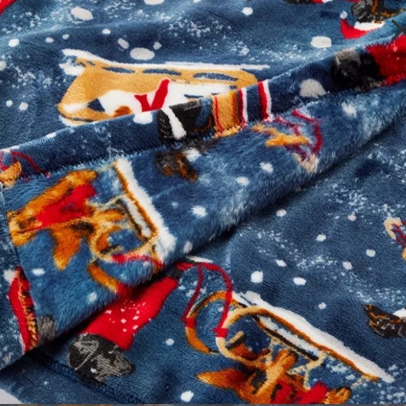 NWT- Velvet Plush Reversible-Blue- Dog Sled- Holiday Throw Blanket 50x60 - Picture 2 of 3